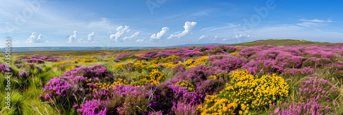 A vibrant moorland in full bloom, purple heather and yellow gorse creating a colorful tapestry against a clear blue sky photo