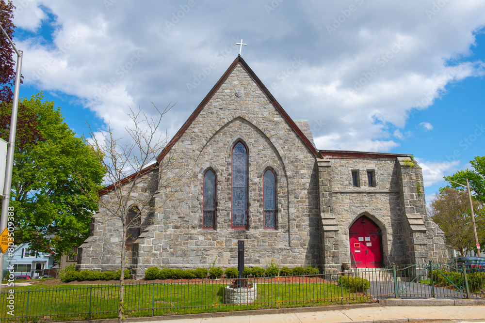 Saint John's Episcopal Church at 260 Gorham Street in historic city center of Lowell, Massachusetts MA, USA. 