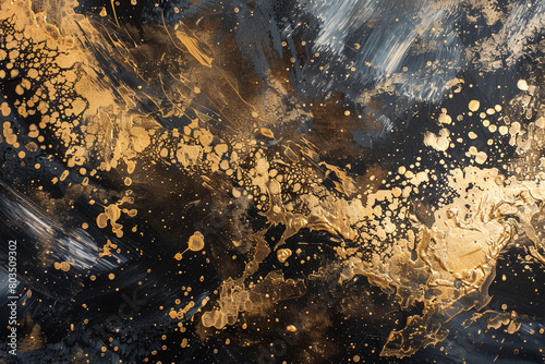 Wall art that commands attention, presenting an abstract oil painting with dynamic spots and textured paint strokes in gold and black.