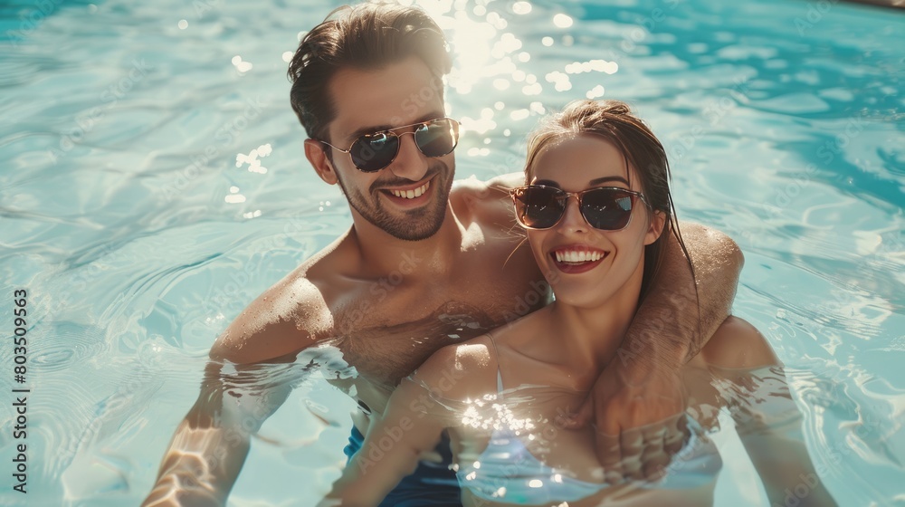 Very happy couple wearing sunglasses enjoy each other in swimming pool. Man holding woman on hands Very happy couple wearing sunglasses enjoy each other in swimming pool. Man holding woman on hands