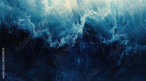 The image is of a large wave crashing into the ocean. The water is dark blue and the wave is very tall. Scene is powerful and awe-inspiring, as the wave seems to be almost overwhelming in its size photo