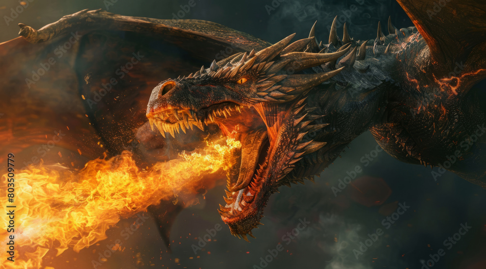 Flying dragon is spewing fire from its mouth