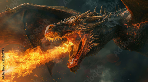 Flying dragon is spewing fire from its mouth © Eliya