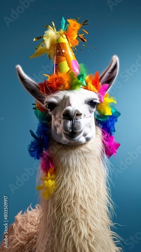 Party llama with festive hat and colorful garland