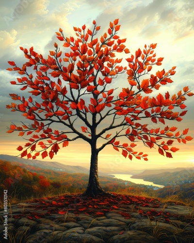Vibrant Red Tree Overlooking a River Valley at Autumn Sunset