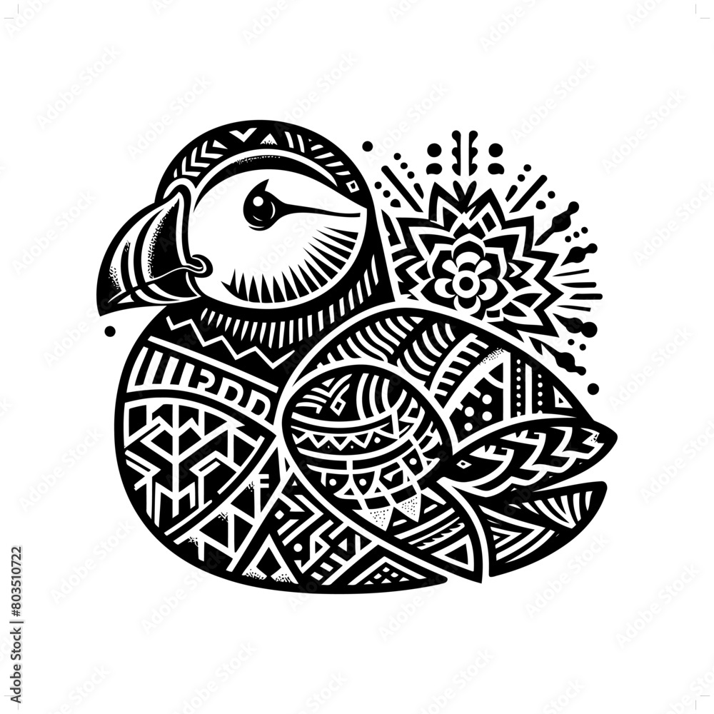 puffin bird silhouette in animal ethnic, polynesia tribal illustration