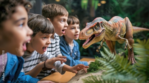 Group of excited elementary student studying and looking at dinosaur at classroom. Diverse children excited to studying while looking at raptor at museum or exhibition hall. Creative learning. AIG42. photo