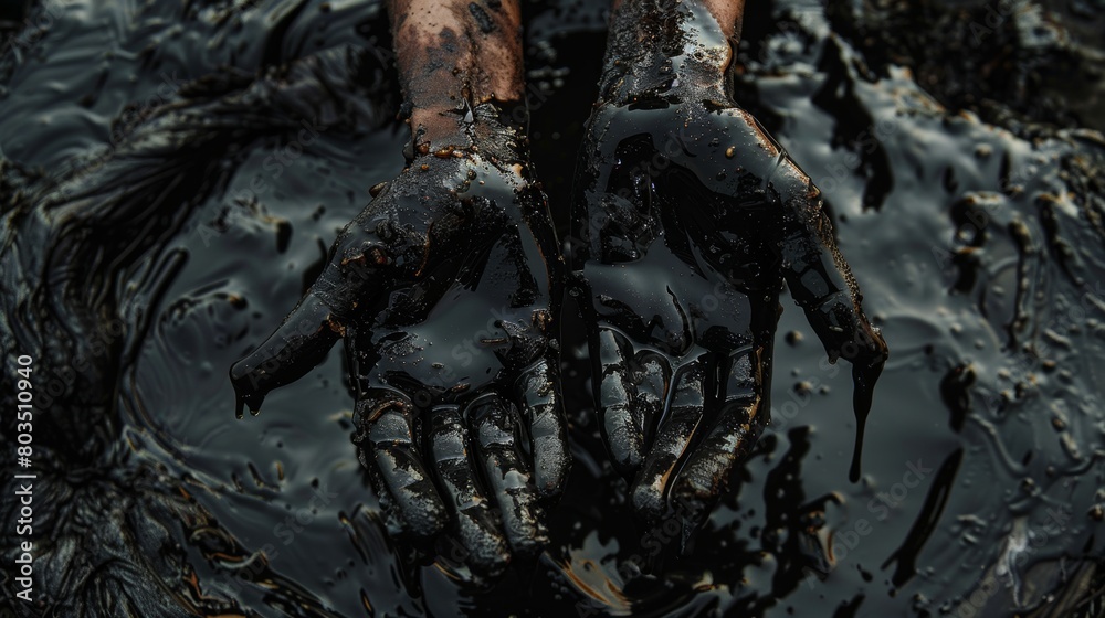 Hands covered in black oil - environmental issue concept Hands covered in black oil - environmental issue concept