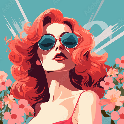 A woman with red hair and sunglasses is standing in front of a field of red flowers. The image has a bright and cheerful mood, with the woman's sunglasses