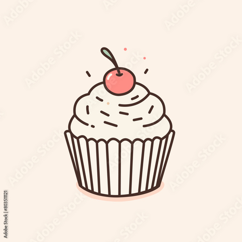 Cute cupcake in a linear style on a colored background. Vector illustration for printing. Cute background with food.