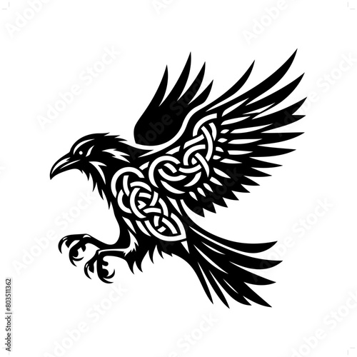 raven bird  silhouette in animal celtic knot, irish, nordic illustration