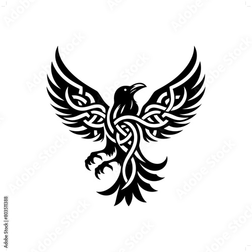 raven bird silhouette in animal celtic knot, irish, nordic illustration