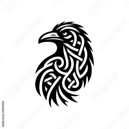 raven bird  silhouette in animal celtic knot, irish, nordic illustration