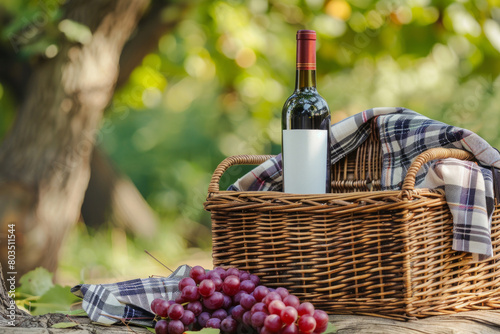 Wicker picnic hamper with a bottle of wine and grapes