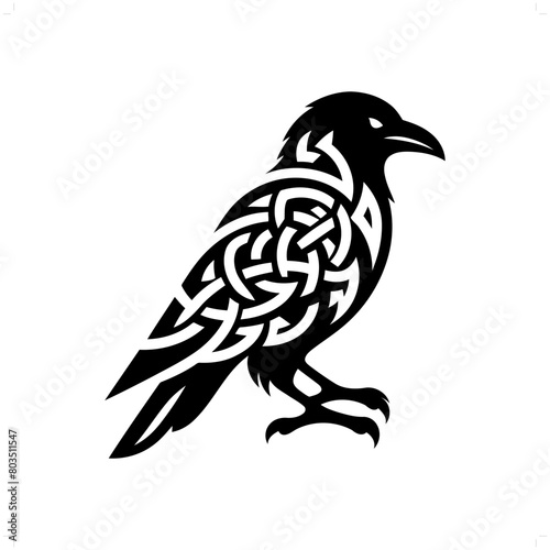 raven bird  silhouette in animal celtic knot, irish, nordic illustration