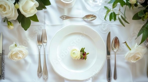 dishes and table details  such as cutlery  decorative plates and flowers  highlighting exquisiteness and attention to detail generative ai