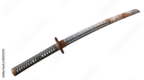 A lone samurai sword (katana) on a transparent background. PNG format, This PNG file, with an isolated cutout object on a transparent background.  photo