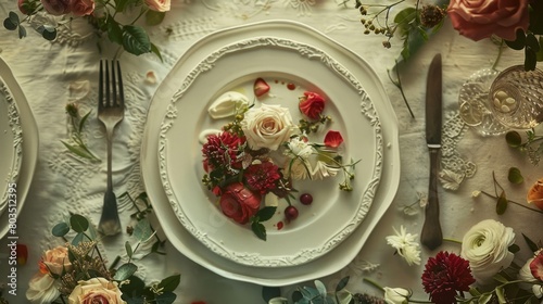 dishes and table details, such as cutlery, decorative plates and flowers, highlighting exquisiteness and attention to detail generative ai