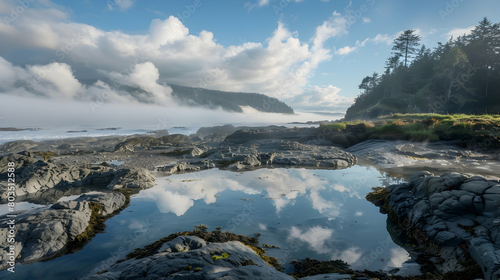 An early morning mist hovering over a rocky coastline, with tide pools reflecting the sky and the distant sound of ocean waves