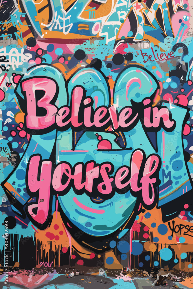 A graffiti wall with the words -believe in yourself written on it. The wall is covered in colorful paint and has a lot of different shapes and sizes