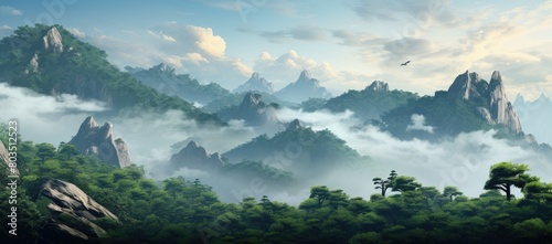 Mountain landscape with clouds and trees