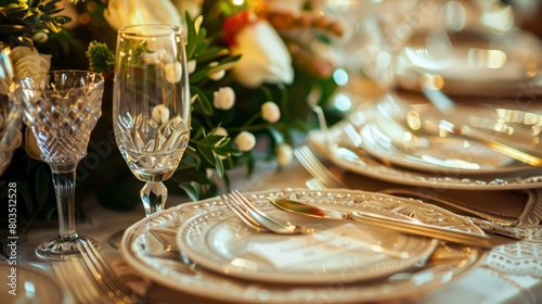 dishes and table details, such as cutlery, decorative plates and flowers, highlighting exquisiteness and attention to detail generative ai