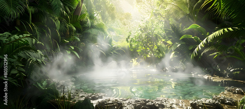 An early morning view of a secluded hot spring surrounded by lush greenery, mist hovering over the warm water