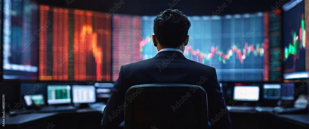 stock trading with a visually descriptive image of a businessman his back turned to the viewer as he sits in front of a monitor. The lines on the screen seem to come to life, reflecting the intense stock trading with a visually descriptive image of a businessman his back turned to the viewer as he sits in front of a monitor. The lines on the screen seem to come to life, reflecting the intense