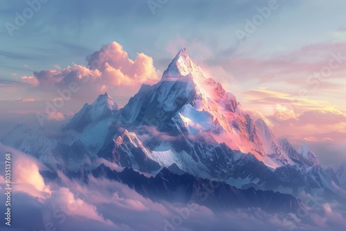 A mountain with a pinkish hue in the background