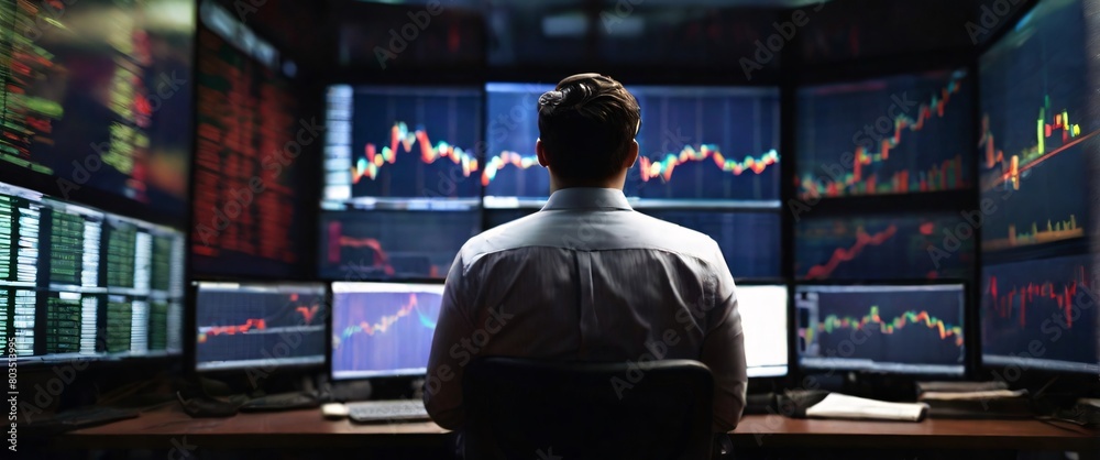 stock trading with a visually descriptive image of a businessman his back turned to the viewer as he sits in front of a monitor. The lines on the screen seem to come to life, reflecting the intense