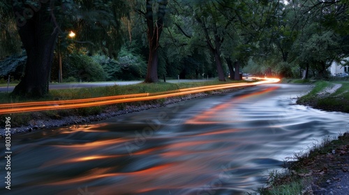 the flow of water in a river or the light trails of cars on the road at night generative ai