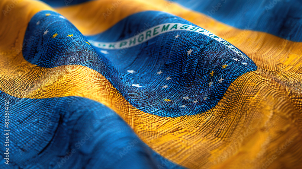 Close Up of Waving Brazil Flag with Detailed Fabric Texture. Generated by AI