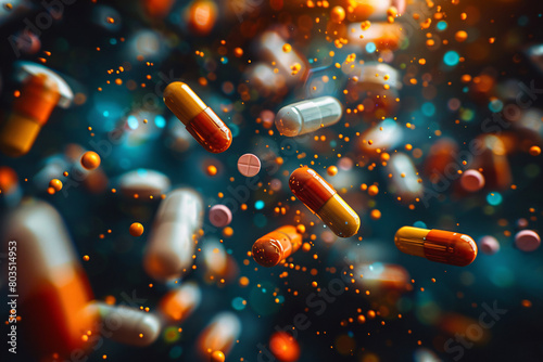 Medication, pharma industry, dietary supplements, colorful pills flying through the air