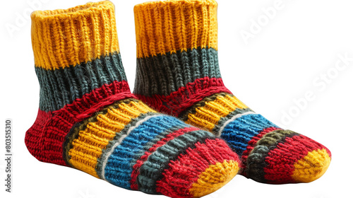 A pair of hand-knitted woolen socks on a transparent background. PNG format, This PNG file, with an isolated cutout object on a transparent background. 