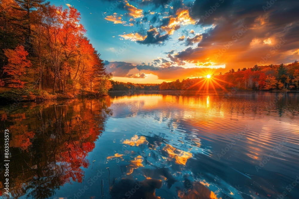 A beautiful sunset over a lake with trees in the background. The water is calm and the sky is filled with clouds A beautiful sunset over a lake with trees in the background. The water is calm and the sky is filled with clouds