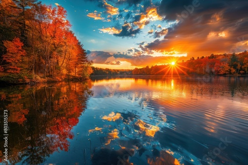 A beautiful sunset over a lake with trees in the background. The water is calm and the sky is filled with clouds