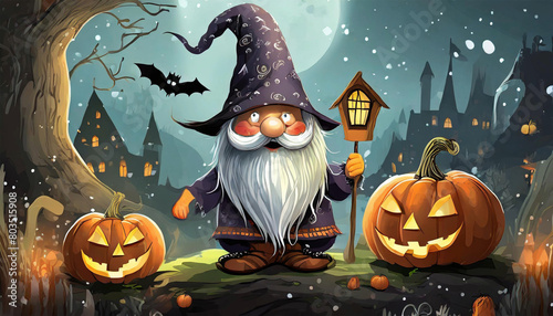 Weird Halloween gnome, greeting card illustration.