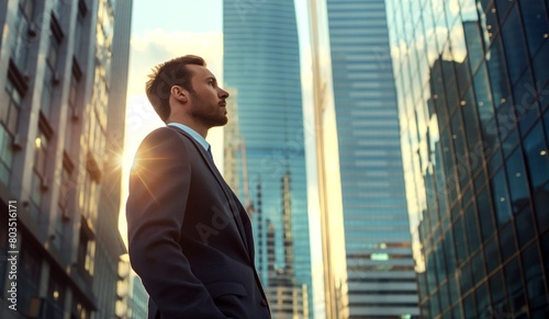 Confident  wealthy rich successful business man standing in big city modern skyscrapers street on sunset thinking of successful future vision, dreaming of new investment opportunities