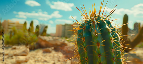 Close-up of a desert cactus with intricate details on its spikes, contrasted against a softly blurred background