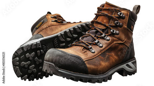 A pair of hiking boots with rugged soles on a transparent background. PNG format, This PNG file, with an isolated cutout object on a transparent background. 
