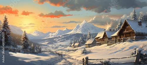 Snowy mountain scene with cabin photo