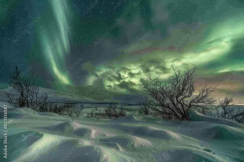 A beautiful night sky with aurora lights and a snowy landscape