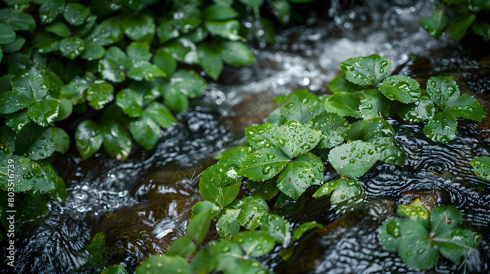 Close-up of a riverbank during the rainy season, with water droplets on vibrant green leaves and small streams flowing into the river Close-up of a riverbank during the rainy season, with water droplets on vibrant green leaves and small streams flowing into the river