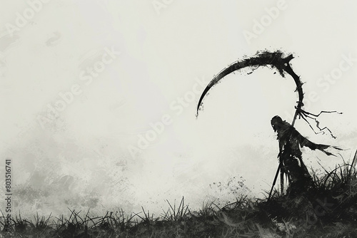 The quiet menace of a battle scythe against a blank canvas of white, a promise of conflict looming. photo
