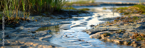 Close-up of an estuary's edge, focusing on the interplay of water, sand, and aquatic plants at twilight