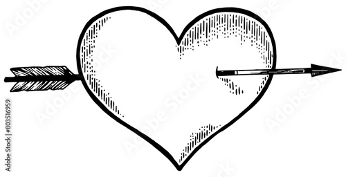 Heart symbol pierced with arrow sketch engraving PNG illustration. Romantic love lovesickness symbol. Tee shirt apparel print design. Scratch board imitation. Black and white hand drawn image.