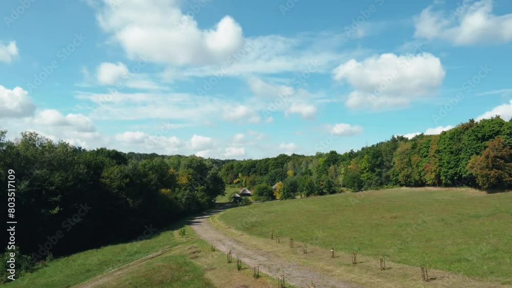 Moving forward through a field with a dirt path