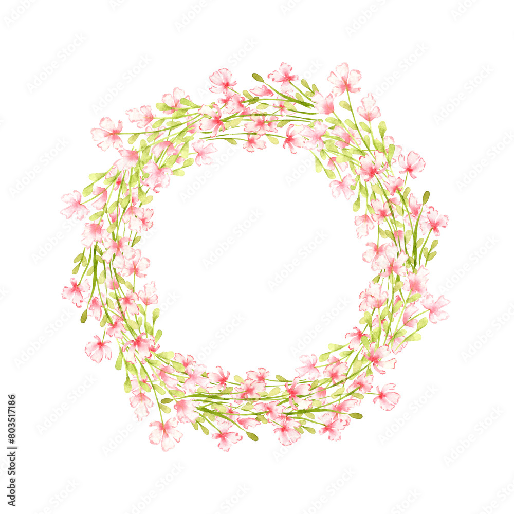 Small pink flowers wreath watercolor illustration. Green grass element of a lawn with lush vegetation. Isolated from the background. Background element for the design of gardens, landscapes, parks, Small pink flowers wreath watercolor illustration. Green grass element of a lawn with lush vegetation. Isolated from the background. Background element for the design of gardens, landscapes, parks,