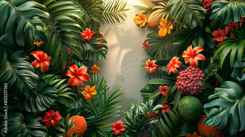 Vivid digital artwork showcasing a lush tropical jungle scene filled with vibrant exotic flowers, rich green foliage, and colorful fruits.