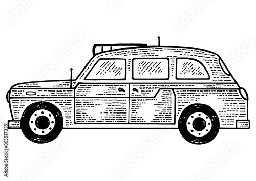 London taxi cab sketch engraving PNG illustration. Tee shirt apparel print design. Scratch board style imitation. Black and white hand drawn image. photo